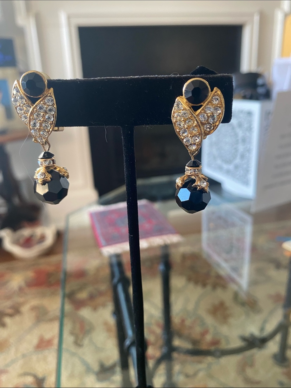 Gold-Tone Black Crystal Drop Earrings with Clear Accents